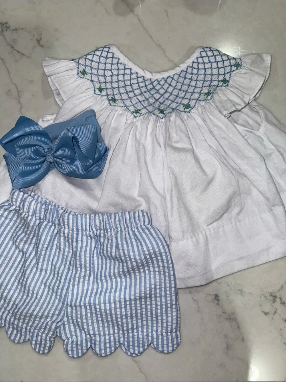 White & Light Blue Smocked Girls' Matching Set